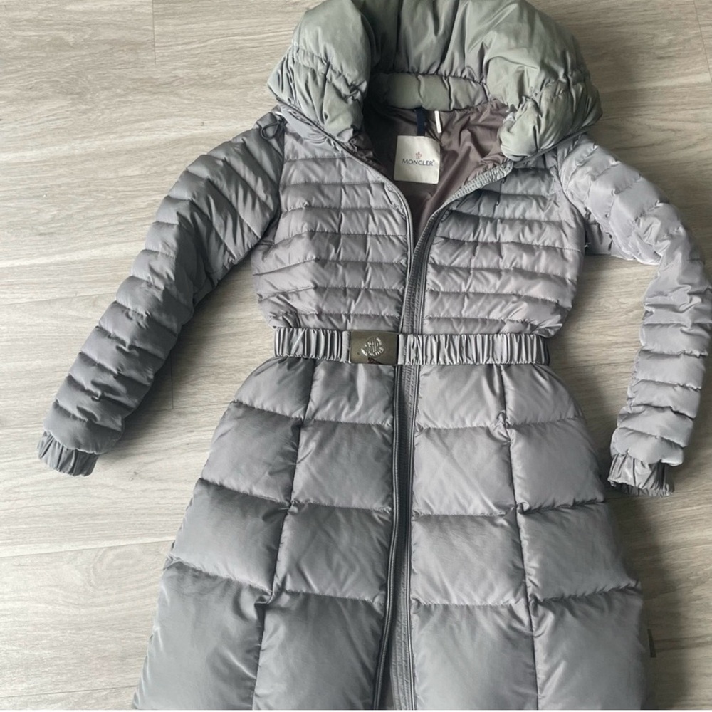 Moncler Long Quilted Puffer Coat in Light Gray with Pale Green Hood Lining